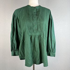 Apiece Apart Willow Cotton Linen Bib Blouse Size Small Green 3/4 Balloon Sleeve